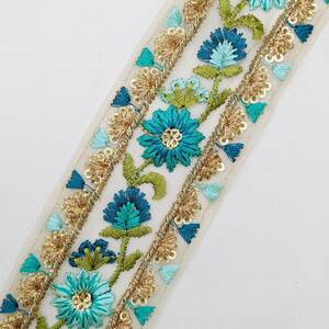 インド刺繍リボン 約48mm 花模様 青系
