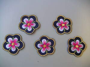 韓国　刺繍　ワッペン　雑貨　ムクゲ　花柄　紺色　５枚セット