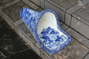 ◆珍品希少☆時代手描き染付け便器 唐草/陶器製/トイレ花瓶鉢庭オブジェa