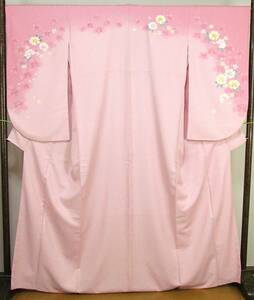 さ192　化繊　二尺袖　袴上　着物　ピンク　桜花柄　美品　身丈171ｃｍ