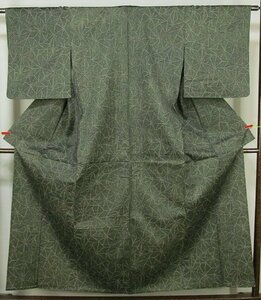 AM382　正絹　単衣　紬　麻の葉柄　身丈158ｃｍ