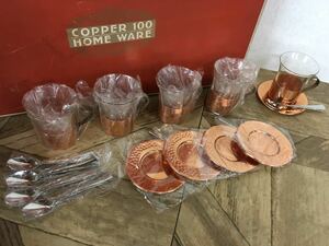 N 陶器類1】COPPER 100 HOME WARE デミタス コーヒーセット 5客組 5個 受け皿/スプーン付 銅製 アンティーク コレクション 来客用 現状