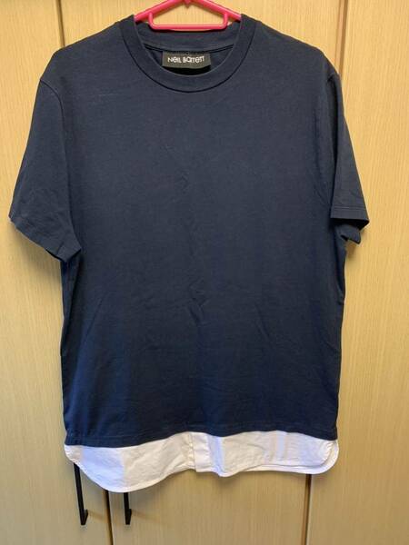 正規 19AW Neil Barrett ニールバレット レイヤード シャツ切替 クルーネック Tシャツ カットソー 紺白 M PBJT465C L514C