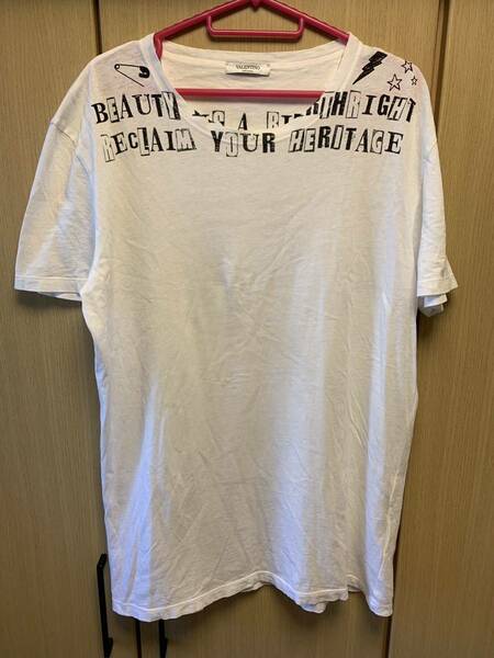 正規 19SS VALENTINO ヴァレンティノ 肩周り メッセージ バック ロゴ クルーネック Tシャツ 白 L NV0MG09Q46M