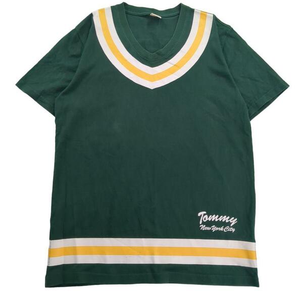 TOMMY Ｖネック半袖Tシャツラインプリント緑メンズM a31