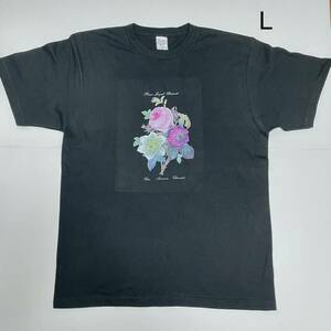 ルドゥーテ　植物画　バラ・アネモネ・クレマチス　綿TシャツLサイズ 黒