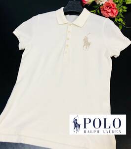 POLO RALPH LAUREN THE SKINNY POLO ラルフローレン　ラインストーンデザインポロマーク　ポロシャツ　半そで　オフホワイト　サイズ L