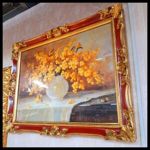 イタリア直輸入　イタリア製　『ミモザ』　ゴールドレッド額絵　前面ガラス張り　天然木仕様