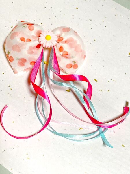 117 ハンドメイド ヘアゴム キッズ パステルカラー ピンク×レッド シフォン リボン ポニーテール 発表会