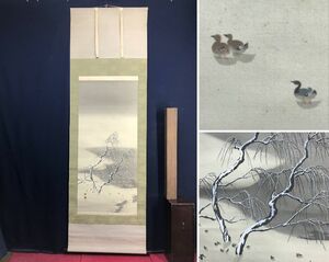 Art hand Auction Véritable/Vue printanière/Paysage enneigé avec canards/Paysage/Oiseaux/Parchemin suspendu☆Bateau au trésor☆AD-35, Peinture, Peinture japonaise, Fleurs et oiseaux, Faune