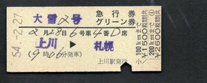 Ｓ５４大雪２号急行券グリーン券（上川駅）