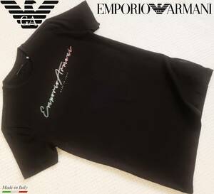 新品★エンポリオ アルマーニ★ストレッチ ブラック Tシャツ★イタリア製★グラデ 筆記体 ロゴ 黒 L★EMPORIO ARMANI☆245