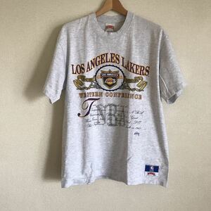 NBA　LOS ANGELES LAKERS　メンズL　90's ヴィンテージ　半袖Tシャツ　杢グレー　ロサンゼルスレイカーズ　USA NUTMEG製