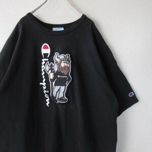 ○Champion チャンピオン◆Tシャツ カットソー ワッペン ゆったり 古着◆メンズ ブラック 2XLサイズ