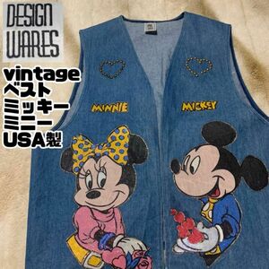 【激レア】ディズニー　ミッキー　ミニー　デニム　ベスト　USA製　アメリカ製　Lサイズ　ユニセックス