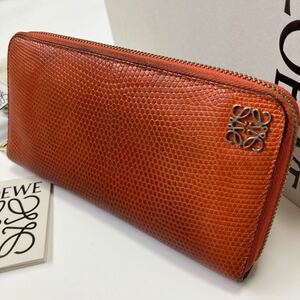 * редкий LOEWE Loewe Lizard раунд застежка-молния длинный кошелек orange мужской женский б/у [ оценка завершено подлинный товар гарантия ]