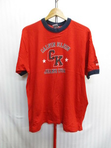 USA製　カルバンクライン　90sヴィンテージ　ビッグロゴTシャツ　メンズM　赤　デカロゴリンガーTシャツ　カットソー　CK 半袖ウエア06231