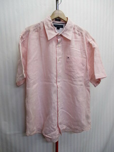 トミーヒルフィガー　リネンシャツ　メンズL　ピンクシャツ　半袖シャツ　半袖ウエア　半袖カットソー　麻シャツ　サマーシャツ　07101