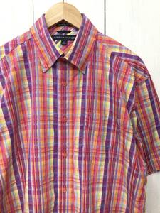 Tommy Hilfiger トミーヒルフィガー 美品 コットン半袖シャツ チェックシャツ すそロゴ メンズM 大きめ 良品綺麗
