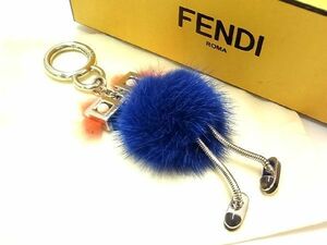 ■美品■ FENDI フェンディ バッグバグズ モンスター ファー バッグチャーム キーホルダー キーリング ブルー系×オレンジ系 AQ0536