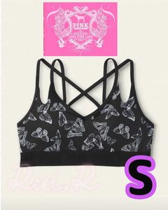 ◆ Victoria’s Secret / PINK ☆ ストラッピーバック スポーツブラ ピュアブラック バタフライ Sサイズ