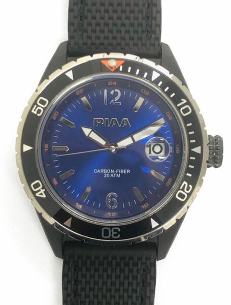PIAA カーボンケース 20気圧防水 腕時計 NBRラバーベルト 新品　ブルー文字盤 メンズ腕時計
