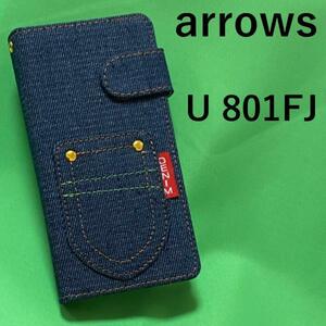 arrows U 801FJ(SoftBank) / 801FJ ケース デニムデザイン手帳型ケース/落下防止に便利なストラップホール付き♪