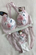 お泊まりに☆D70ブラ&パンティ上下お揃い☆きれい水彩ボタニカル柄☆ホワイト×ピンクレース☆_画像1