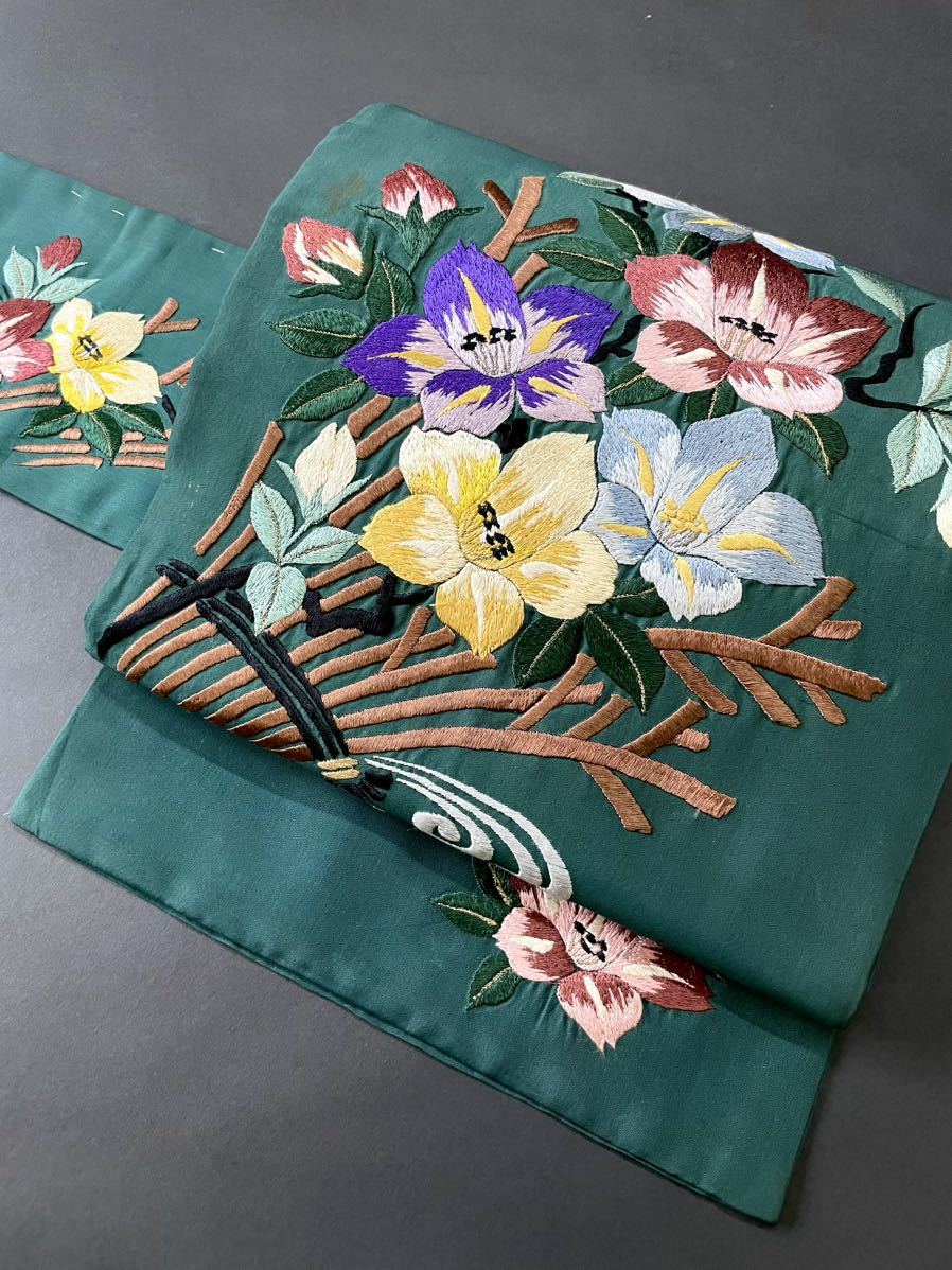 アンティーク着物◇刺繍 名古屋帯 緑地 大正ロマン きものさらさ奈良店
