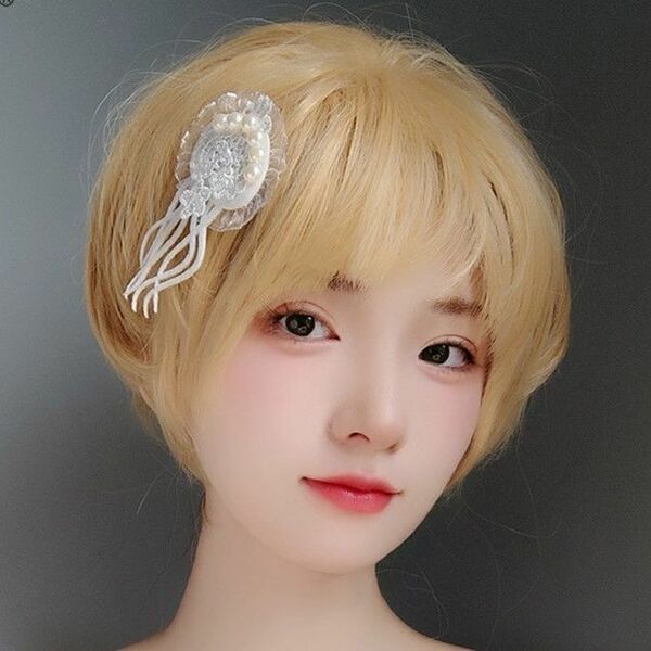 ヘアクリップ ヘアアクセサリー クラゲモチーフ パール付き 白 ホワイト レース ゴスロリ ロリータ コスプレにも♪大人可愛い