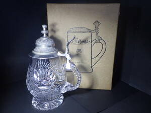 Dr.Merkledokta- Mark ruby ru jug cover attaching beer mug also box cut glass west Germany made 