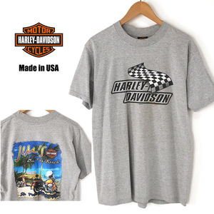 USA製 HARLEY-DAVIDSON Tシャツ フラッグ&ビッグロゴ JIM'S ON THE BEACH　グレー(M)