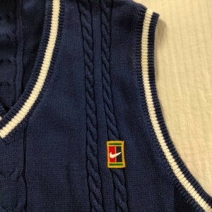  Nike NIKE 90s серебряный бирка Vintage V шея вязаный лучший ребра линия knit vest navy темно-синий голубой свитер большой Silhouette 