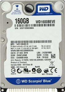 【中古】 Western Digital WD1600BEVE/160 ScorpioBlue 2.5inch 5400