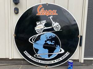 ビンテージ 大型 看板 ベスパ Vespa PIAGGIO 直径76cm 黒 / ホーロー看板 アンティーク イタリア LAMBRETTA ランブレッタ 世田谷ベース