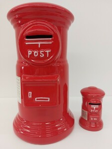 6851　郵便ポスト 貯金箱 昭和レトロ 高さ約30.5cm&11cm 2点セット 置物 陶器 現状品