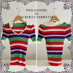  free shipping great popularity PHILOSOPHY di ALBERTA FERRETTI lady's rib knitted short sleeves multicolor border M size 