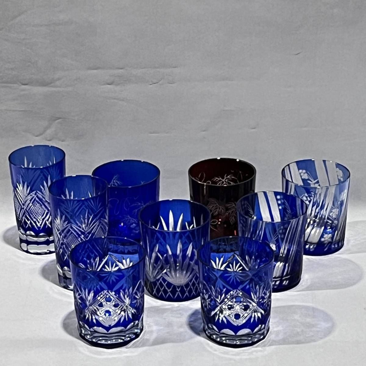 中古品】切子グラス ロックグラス グラス 酒器 ペアグラス 青色 色被せ