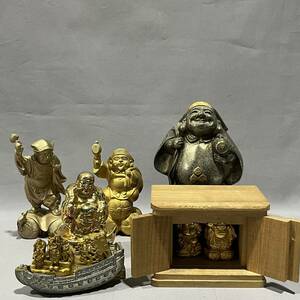 【中古品】七福神 置物 金メッキ 秀師作/K24GP大黒天 開運 縁起物 幸運 招福 宝船 和風 総重量3kg オブジェ インテリア