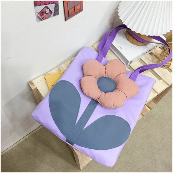 トートバッグ　ナイロンバッグ　大容量かばん　フラワーバッグ　女子　学生　可愛い　紫　パープル