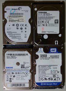 3826 2.5インチ内蔵SATAハードディスク 320GB 4個まとめて 9.5mm 5400rpm Seagate 東芝 SAMSUNG WesternDigital 正常 Mac/Win