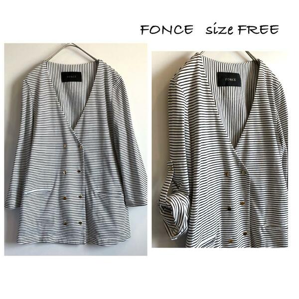 FONCE ボーダーノーカラージャケット カットソー素材 金ボタン