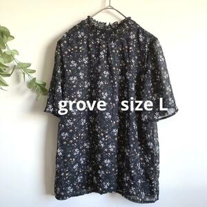 grove 花柄カットソー 袖透け感 ワールド