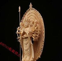 超美品★仏教美術 精密彫刻 仏像 手彫り 八角台座 桧木製 千手観音菩薩 高さ約43ｃｍ_画像3