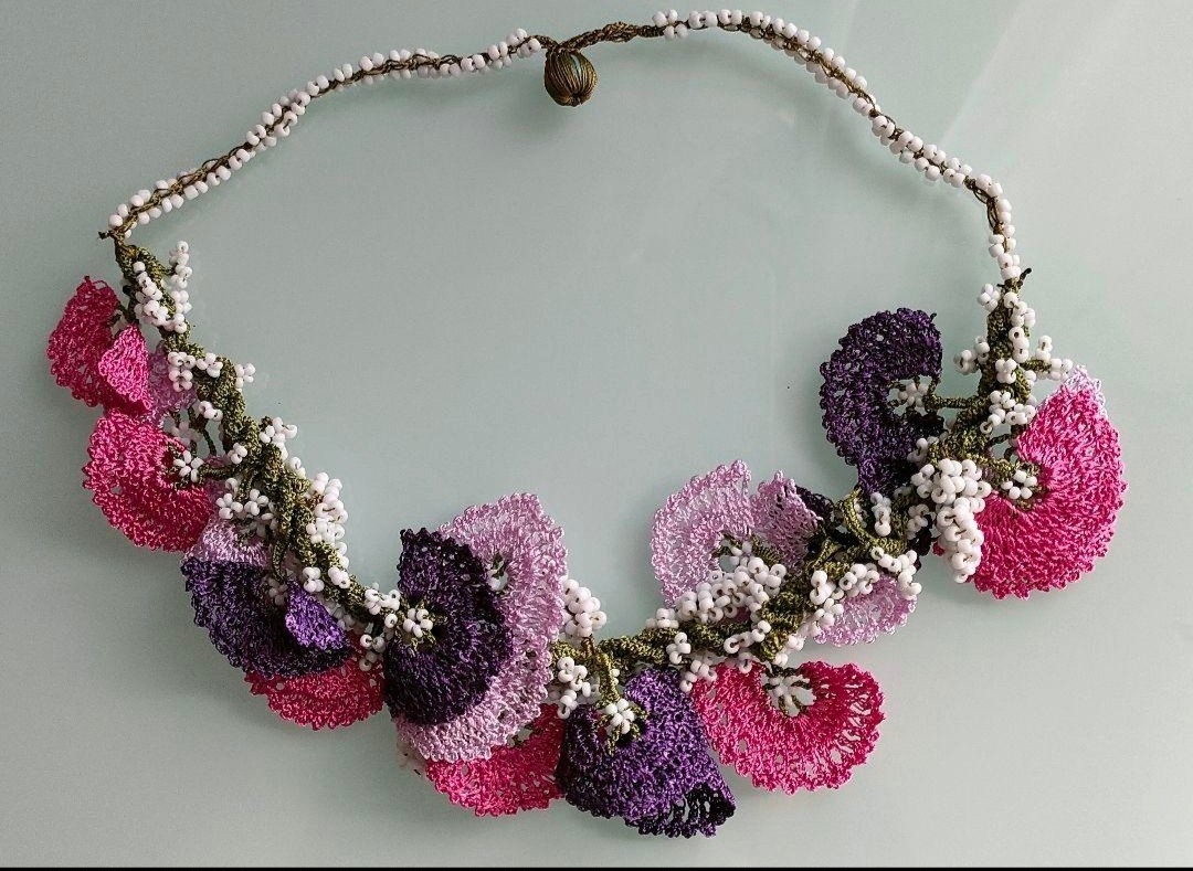 o10-18 Türkiye Purple Pink White Beads Oya Embroidery Necklace Handmade Oya Embroidery Necklace Oya Embroidery Accessories, Women's Accessories, necklace, pendant, others