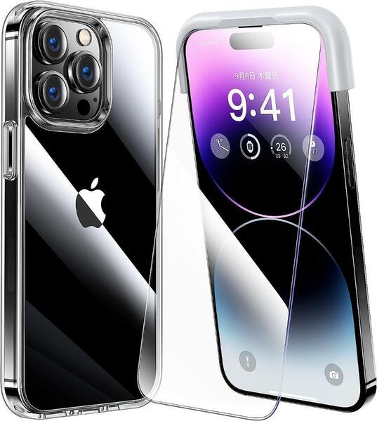 Alphex iPhone 14 Pro Max ケース フィルム付き 全面保護セット 黄ばみ透明ケース×1 HD強化ガラスフィルム×2 6.7インチ 用 クリア
