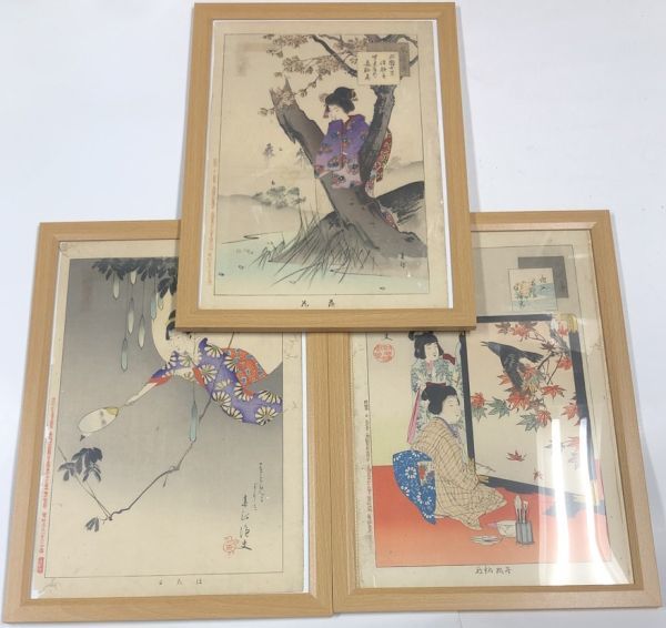 Juego de 3 piezas de pintura de mujer hermosa de época Meiji B, obra de arte, cuadro, otros