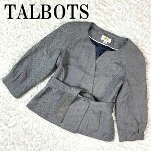 TALBOTS タルボット ノーカラージャケット グレー 7分袖 リボンベルト付き ウール レーヨン リネン ポリエステル 0 B2189