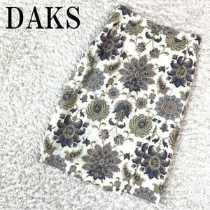 DAKS ダックス リネンスカート 総柄 ホワイト系 白 リネン キュプラ 63-90 B2235