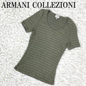 ARMANI COLLEZIONI ギャザーカットソー カーキ アルマーニコレツォーニ 半袖 コットン ナイロン ポリウレタン 膨れ生地 42 B2481